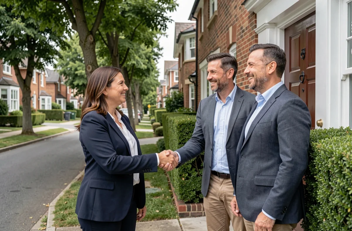 Poignée de main entre vendeur et acheteurs lors de la finalisation d'une vente immobilière entre particuliers