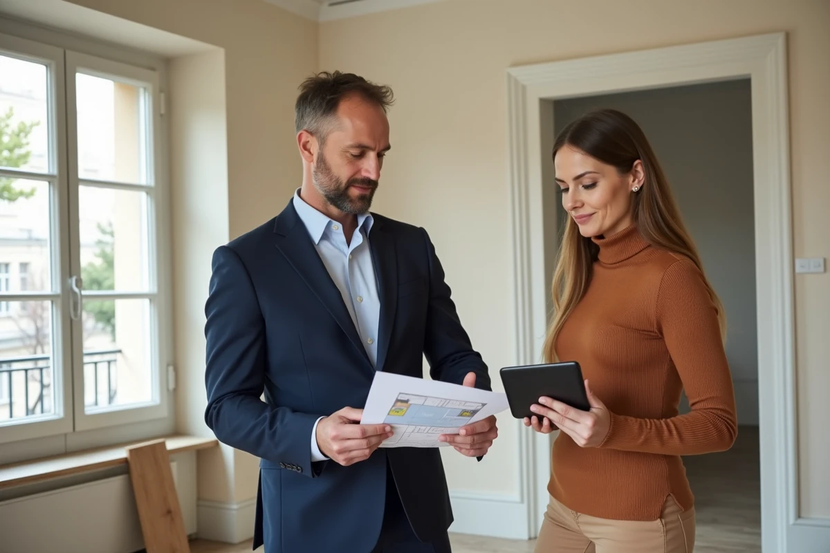 Agent immobilier et décoratrice professionnelle collaborant à la valorisation d'un appartement lillois vide avant sa mise en vente