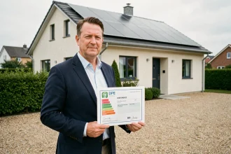 Agent immobilier tenant un diagnostic de performance énergétique devant une maison moderne avec panneaux solaires