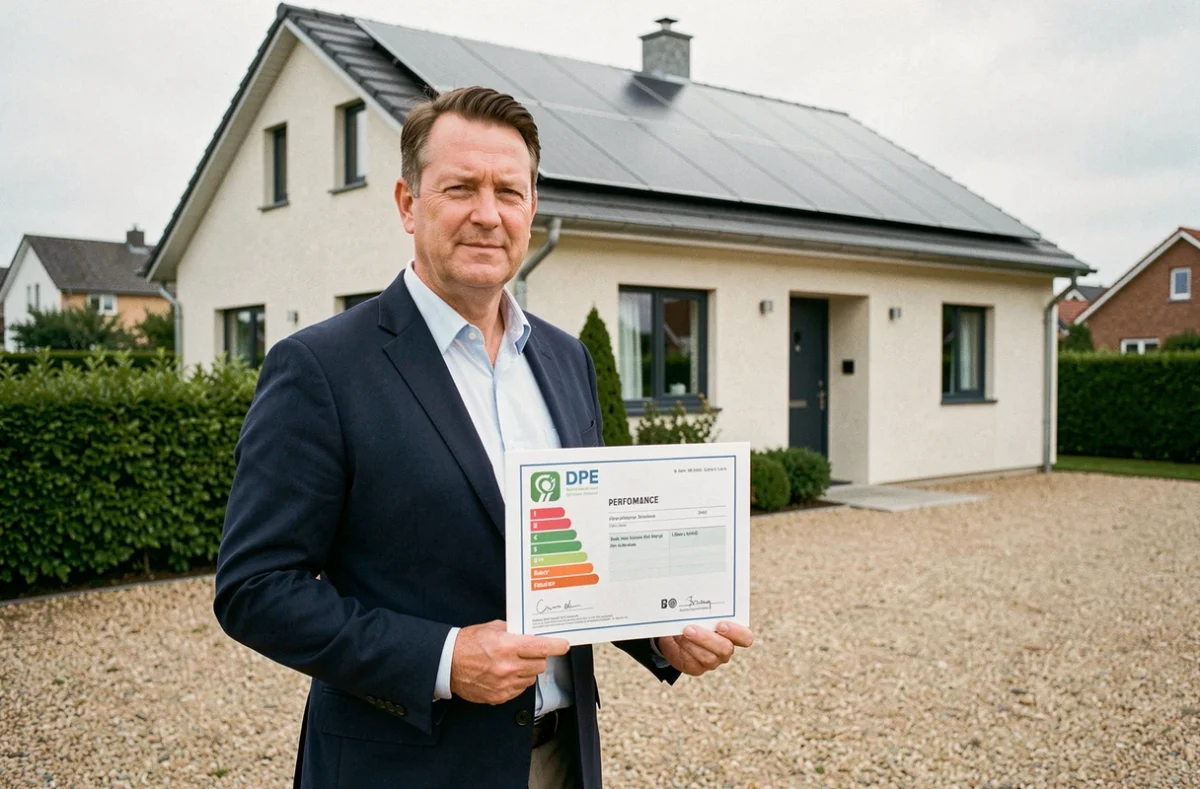 Agent immobilier tenant un diagnostic de performance énergétique devant une maison moderne avec panneaux solaires