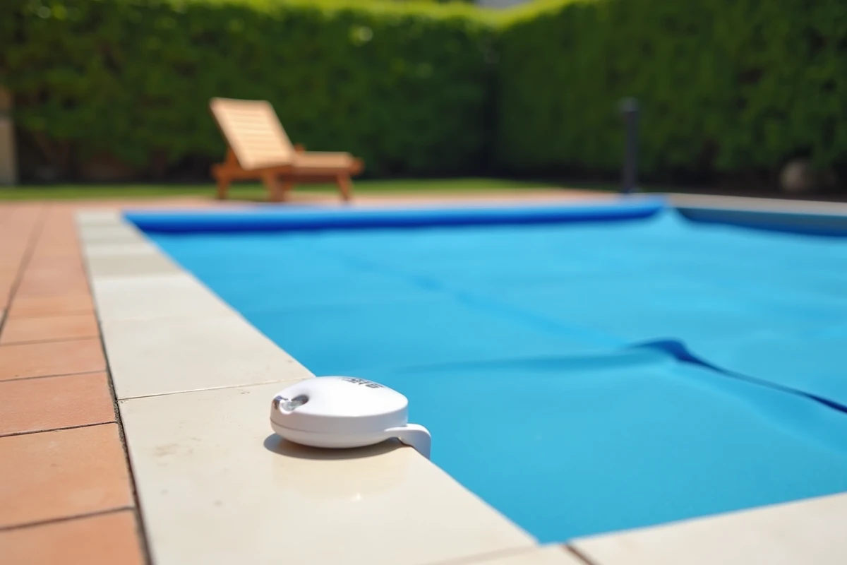 Alarme de piscine fixée sur le bord d'une piscine avec couverture de sécurité bleue tendue dans un jardin résidentiel