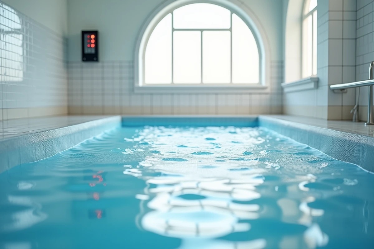 Alarme de piscine murale avec panneau de contrôle à LED dans une piscine intérieure couverte d'un filet de sécurité translucide