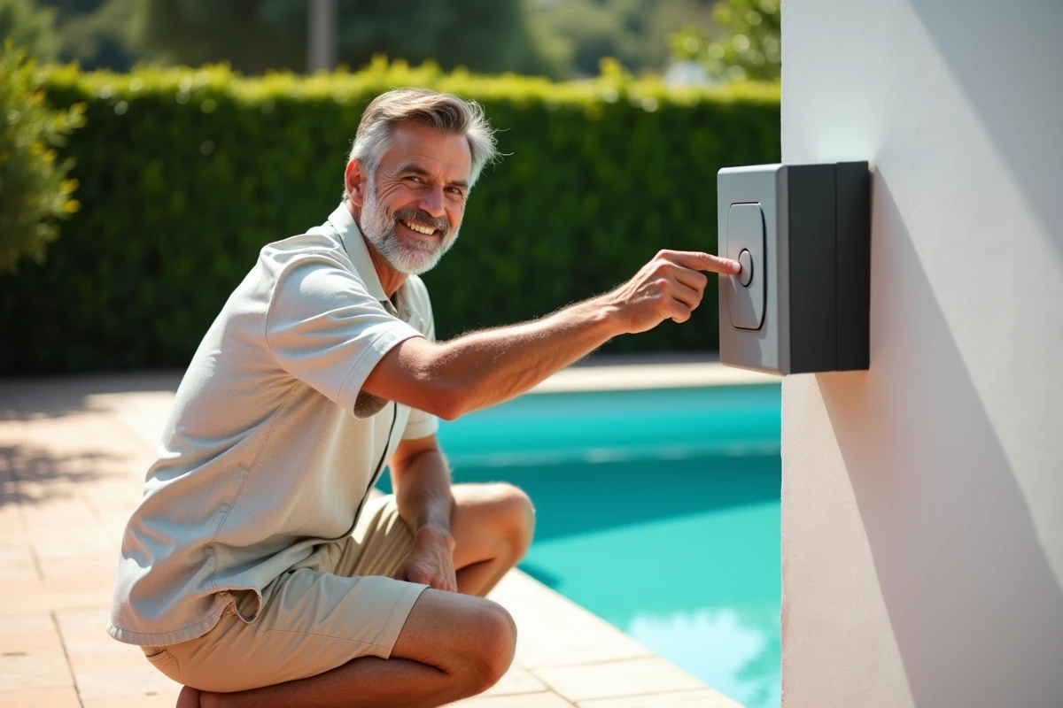 Homme allumant le système de filtration de sa piscine extérieure au printemps