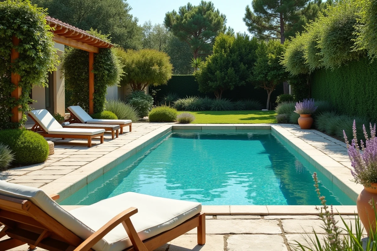 Aménagement paysager autour d'une piscine avec pierres naturelles, plantes méditerranéennes et terrasse en teck dans un jardin résidentiel