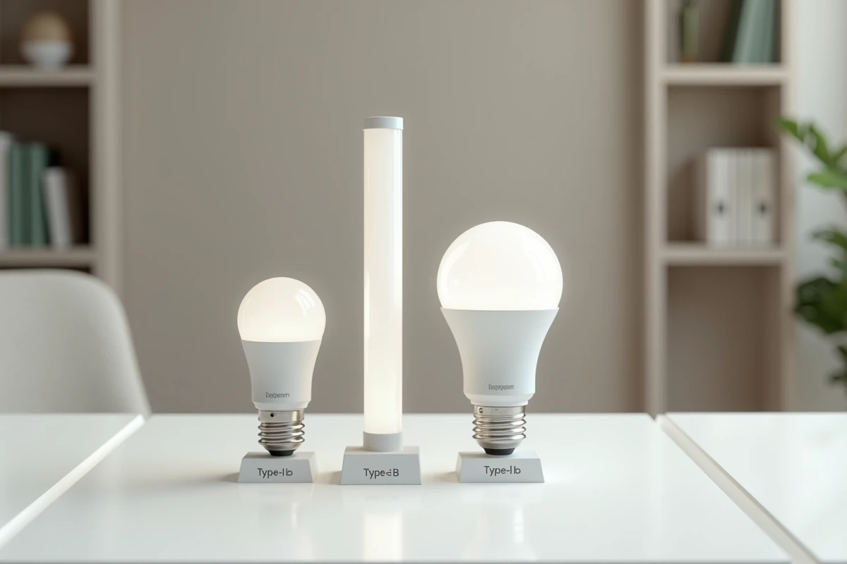 Comparaison côte à côte d'une ampoule LED type A et d'une ampoule LED type B sur un bureau blanc minimaliste