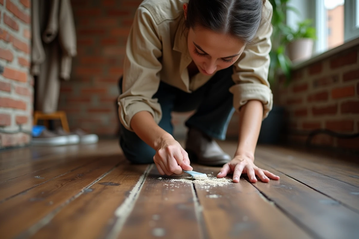 Femme appliquant du bouche-pores sur une rayure profonde dans un parquet en noyer