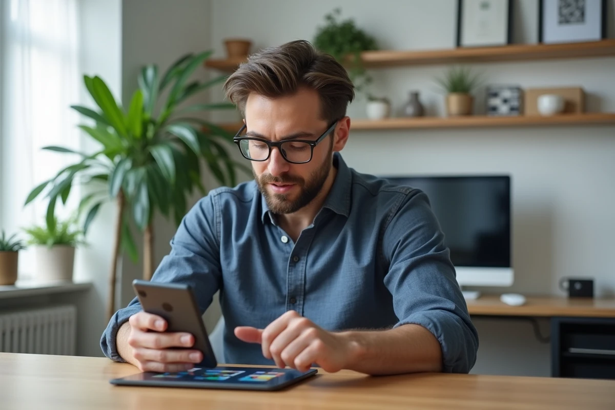 Homme utilisant une application de décoration d'intérieur sur tablette et smartphone dans un bureau contemporain, comparaison entre outil digital et décorateur traditionnel