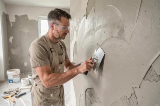 Artisan appliquant un enduit de rebouchage sur un mur intérieur avec une taloche en acier lors d'une rénovation résidentielle