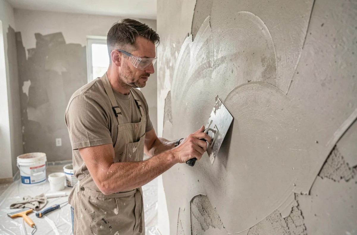 Artisan appliquant un enduit de rebouchage sur un mur intérieur avec une taloche en acier lors d'une rénovation résidentielle