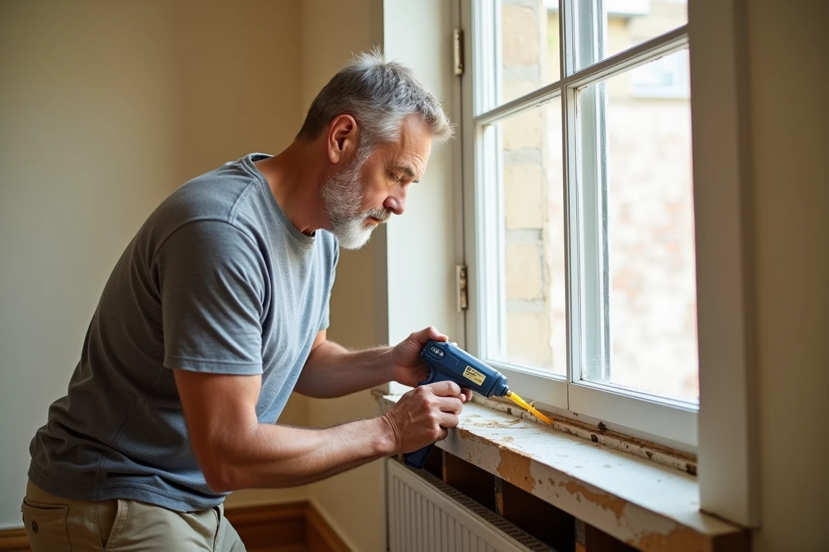 Homme appliquant du mastic silicone autour d'un cadre de fenêtre en bois à l'intérieur d'une maison
