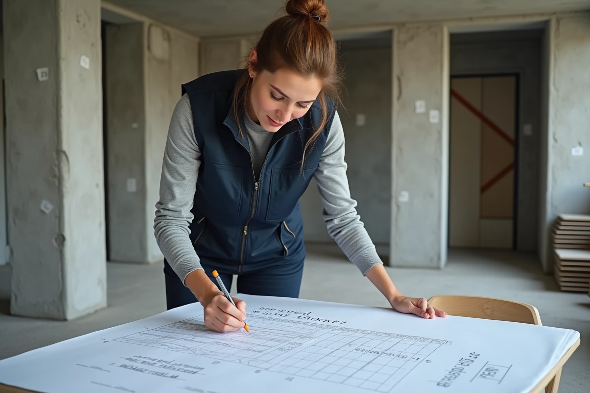 Architecte annotant des calculs de chape sur des plans papier posés sur une table de chantier