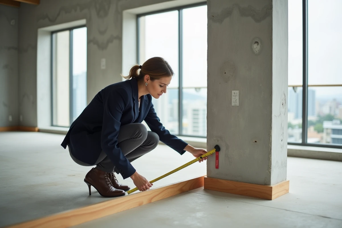 Architecte inspectant une plinthe de soubassement en bois dans un appartement contemporain lors d'une visite de chantier