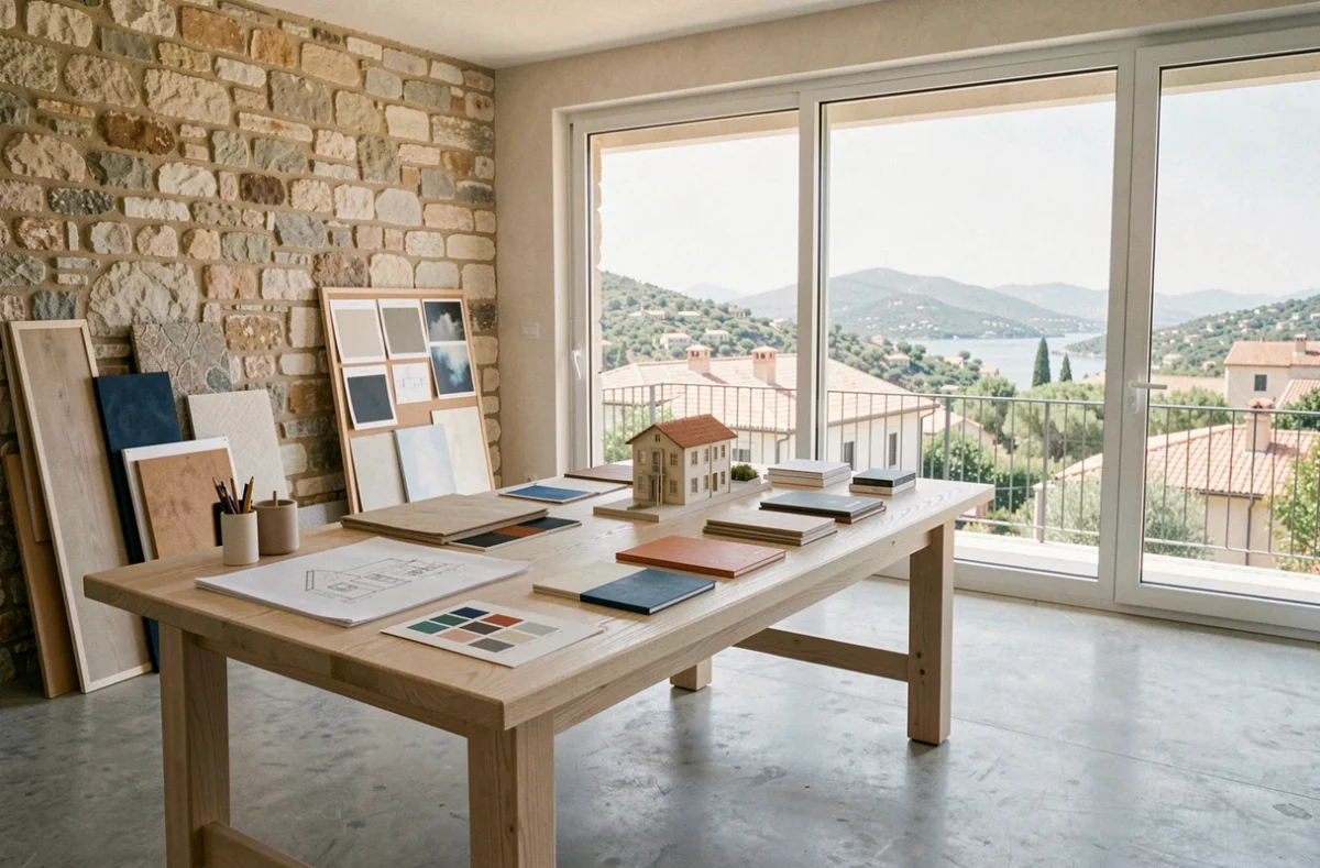 Studio d'architecte d'intérieur dans les Alpes-Maritimes avec plans, échantillons et vue sur les toits méditerranéens