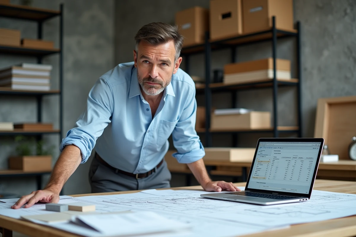 Architecte examinant des plans de travaux et des devis sur un bureau de studio professionnel