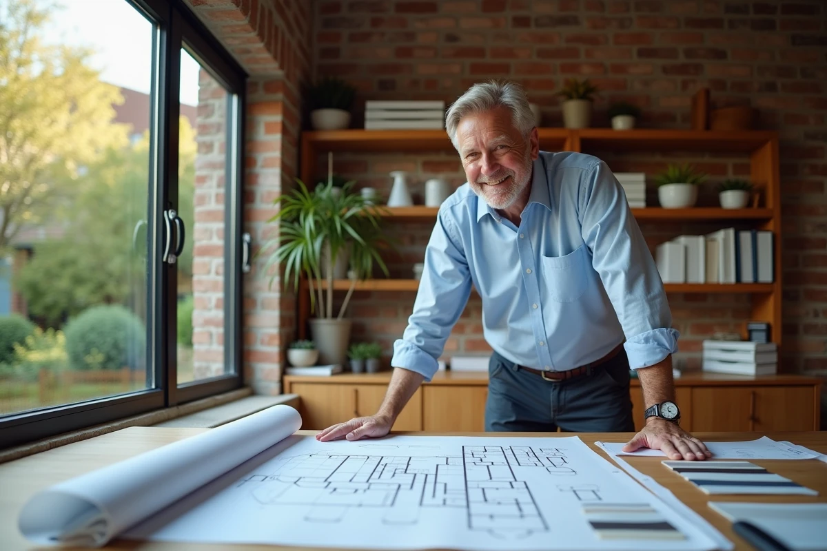 Architecte étudiant des plans d'extension de maison sur une table de travail avec échantillons de matériaux