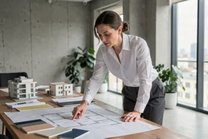 Architecte professionnelle examinant des plans de maison clé en main sur une grande table en bois dans un bureau moderne