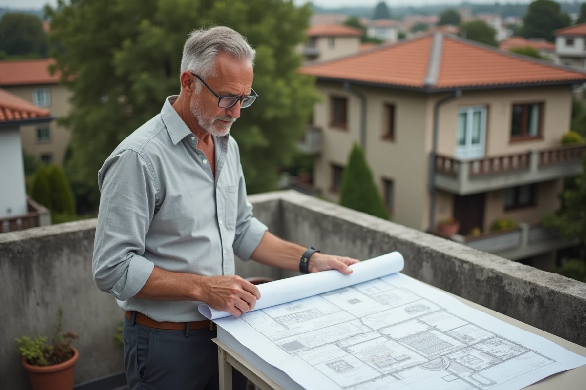 Architecte examinant des plans de surélévation de maison sur un toit en milieu urbain