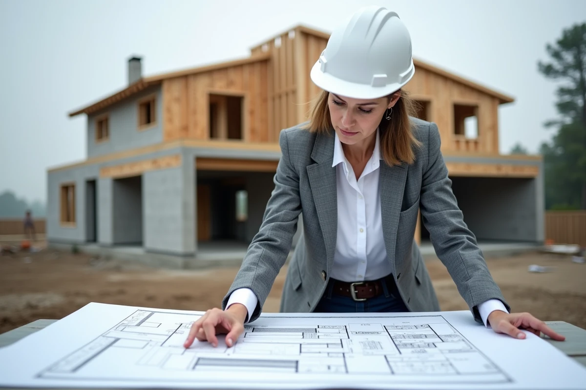 Architecte examinant les plans techniques d'une surélévation de maison sur un chantier en cours