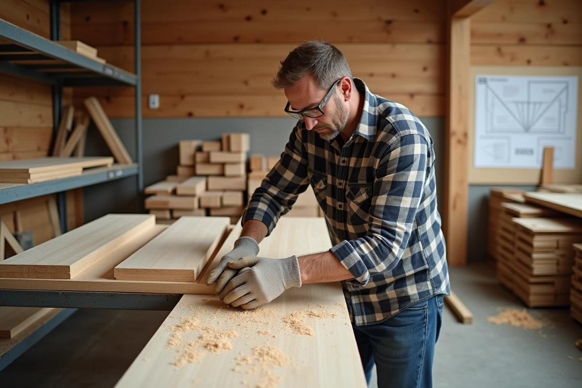 Artisan contrôlant la qualité d'un assemblage de panneau en bois pour chalet habitable dans un atelier de fabrication professionnel