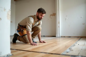 Artisan indépendant inspectant un parquet en bois fraîchement posé dans un appartement en rénovation à Paris