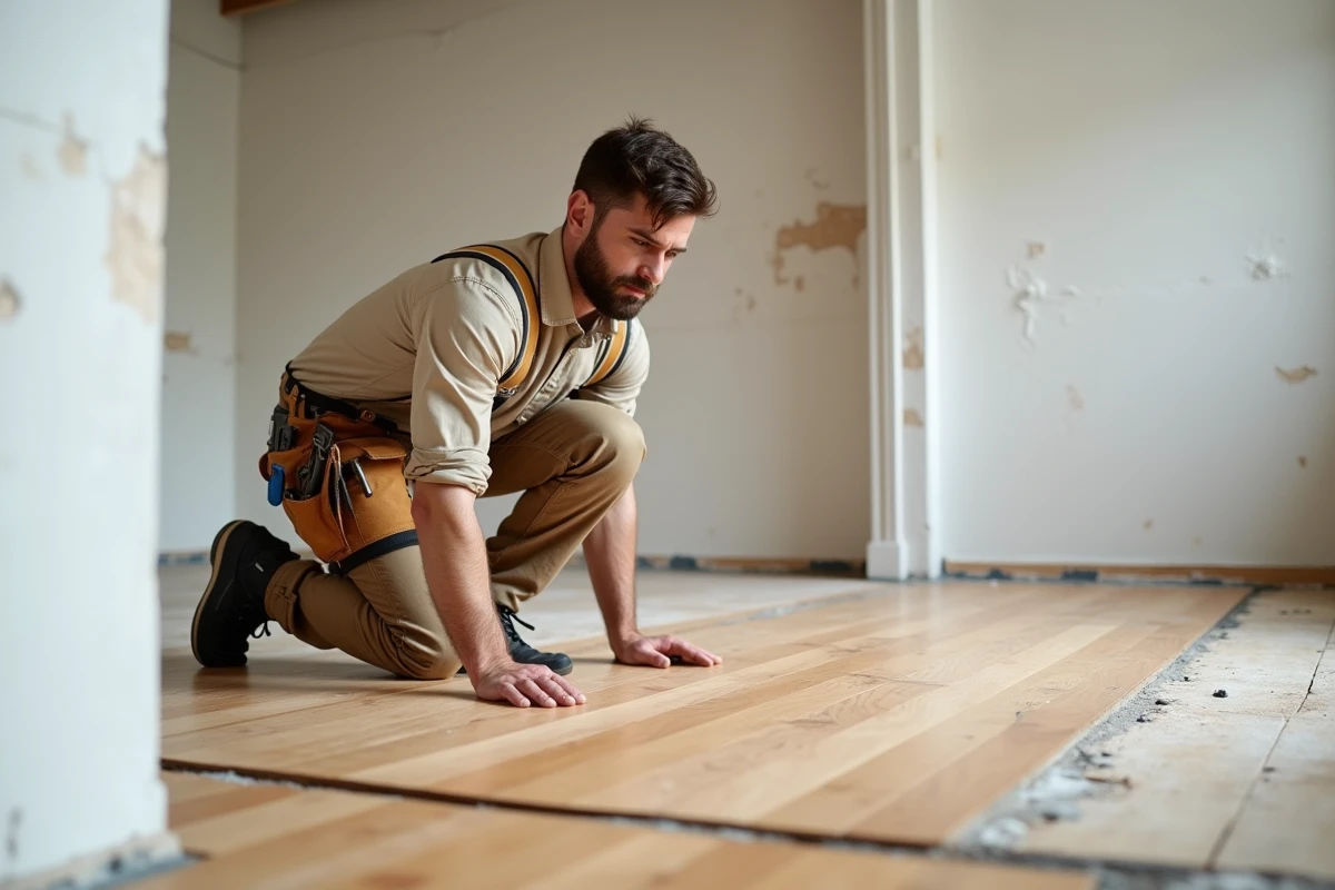 Artisan indépendant inspectant un parquet en bois fraîchement posé dans un appartement en rénovation à Paris