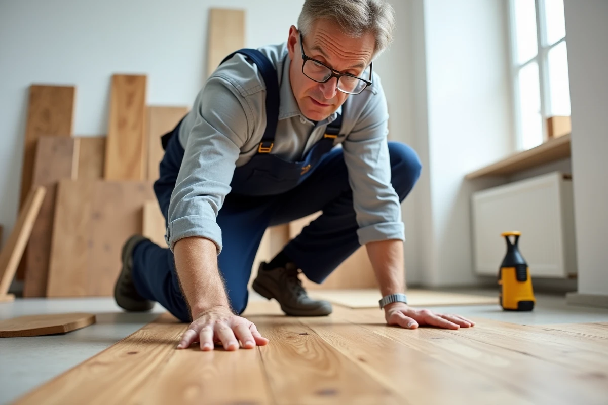 Artisan inspectant la qualité d'un parquet en chêne massif lors d'une rénovation intérieure