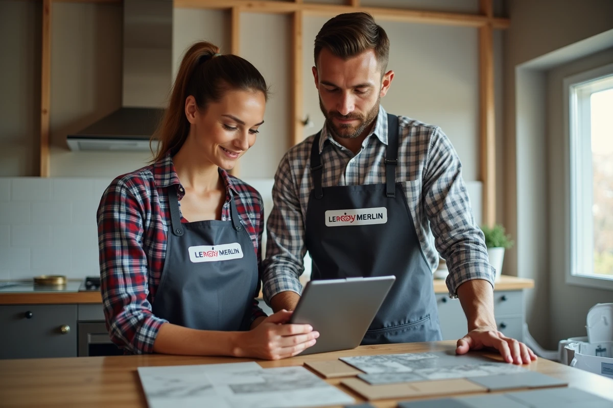 Artisan Leroy Merlin conseillant un client sur le choix de carrelage dans une cuisine en rénovation