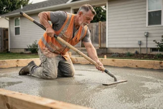 Artisan professionnel en train de lisser une dalle béton fraîchement coulée dans un jardin résidentiel