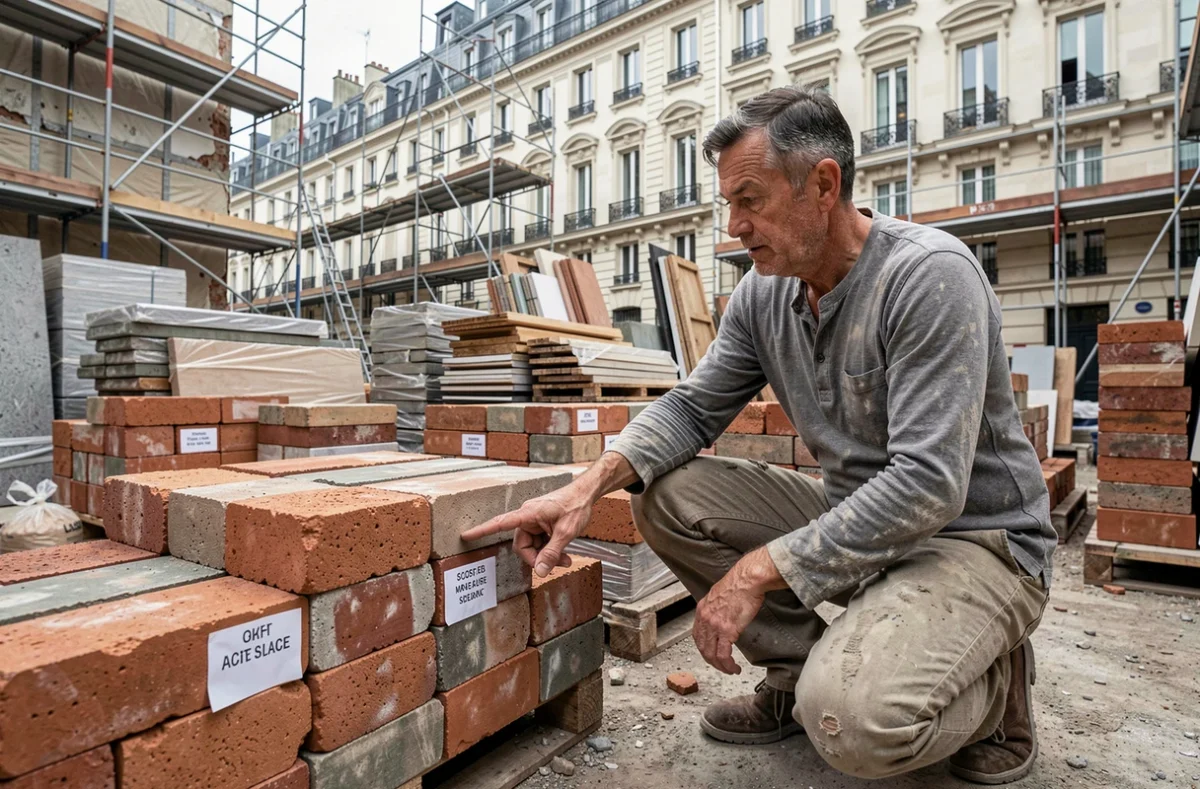 Un artisan montre des matériaux de construction durables comme des briques recyclées et des blocs en terre compressée sur un chantier urbain