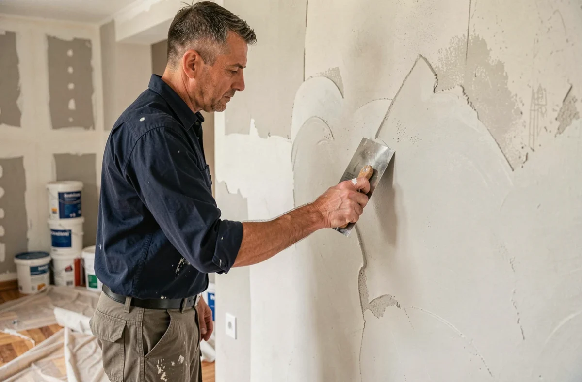 Artisan plâtrier appliquant un enduit sur un mur intérieur lors d'une rénovation résidentielle