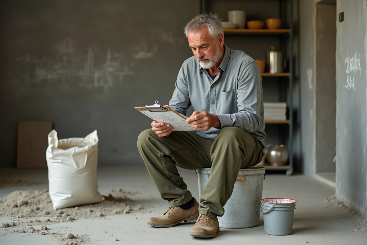 Artisan en bâtiment vérifiant ses calculs de volume de chape sur un presse-papiers dans un local en travaux