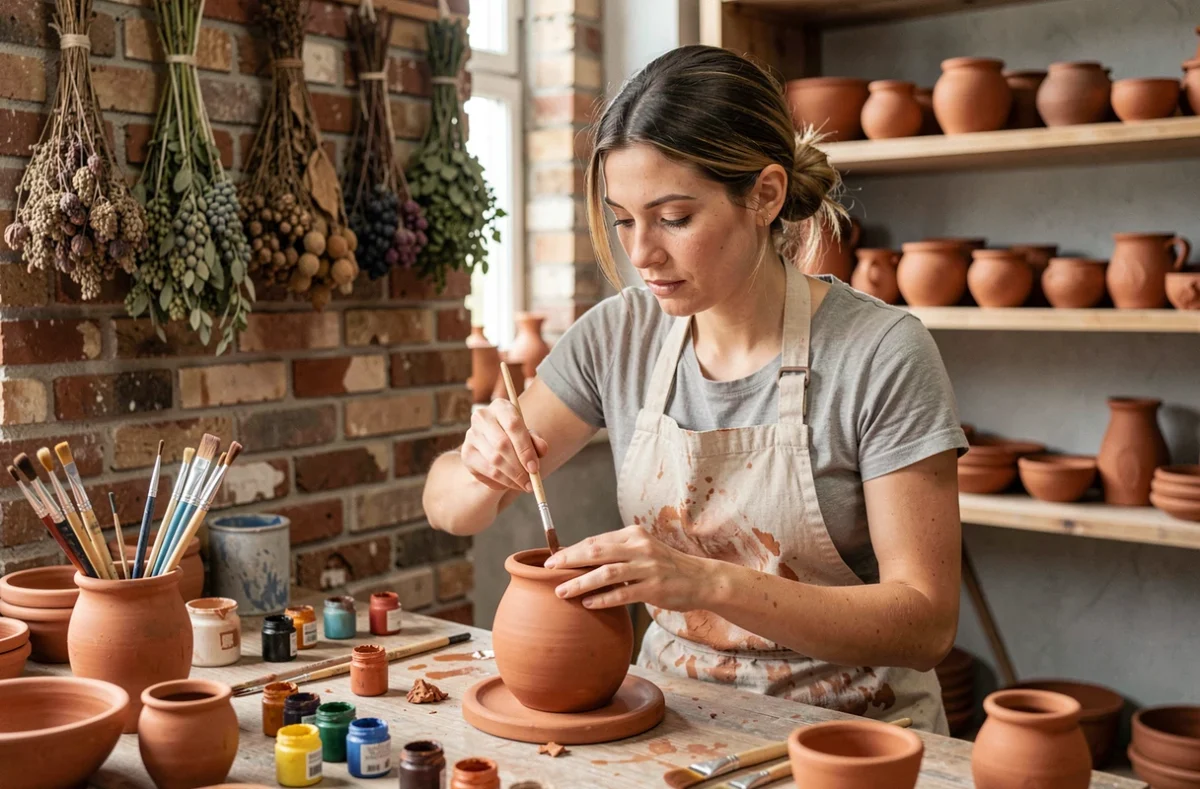 Artisane peignant un pot en terre cuite dans son atelier de céramique aux murs de briques apparentes