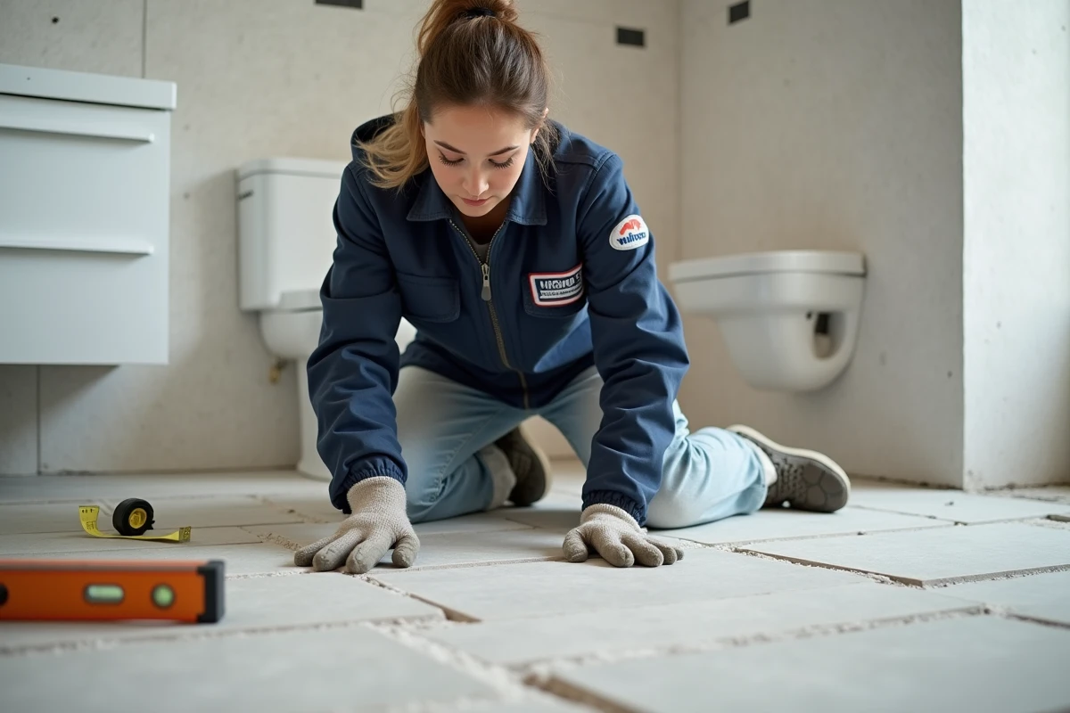 Artisane posant du carrelage grand format dans une salle de bain en cours de rénovation