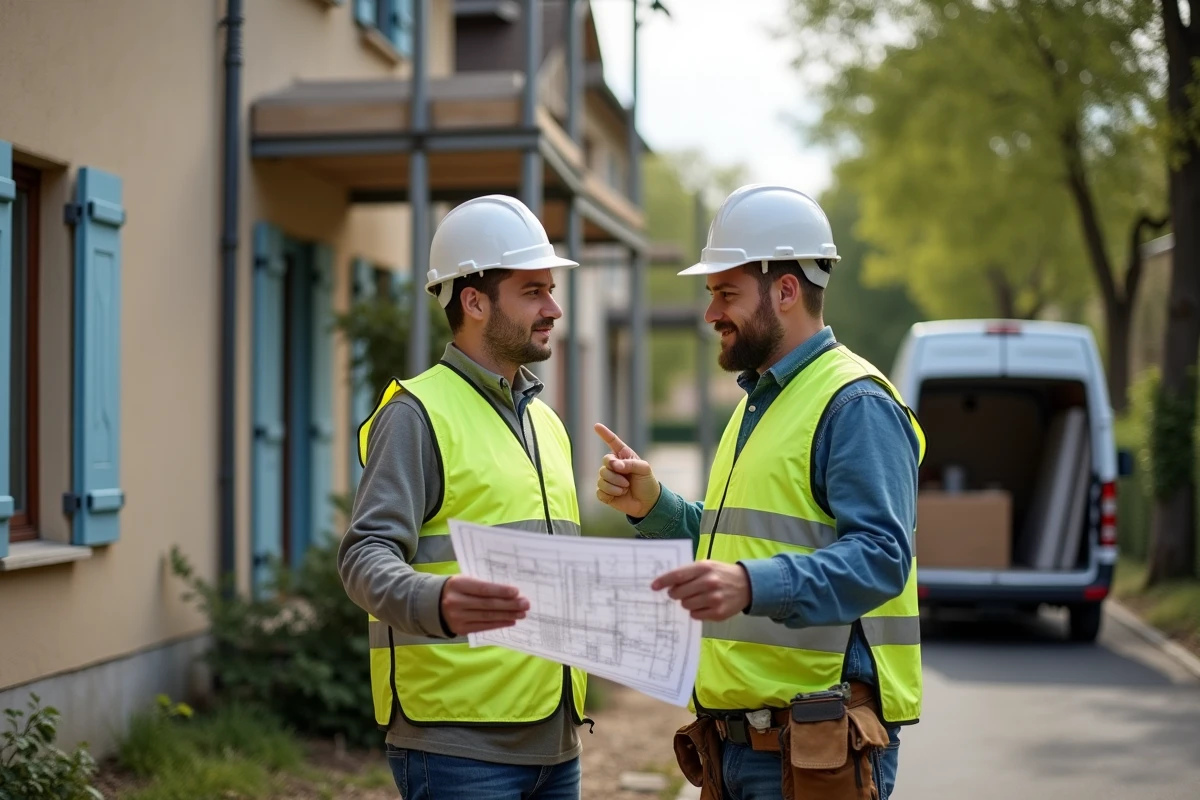 Deux artisans étudiant les plans de rénovation devant une maison individuelle en banlieue