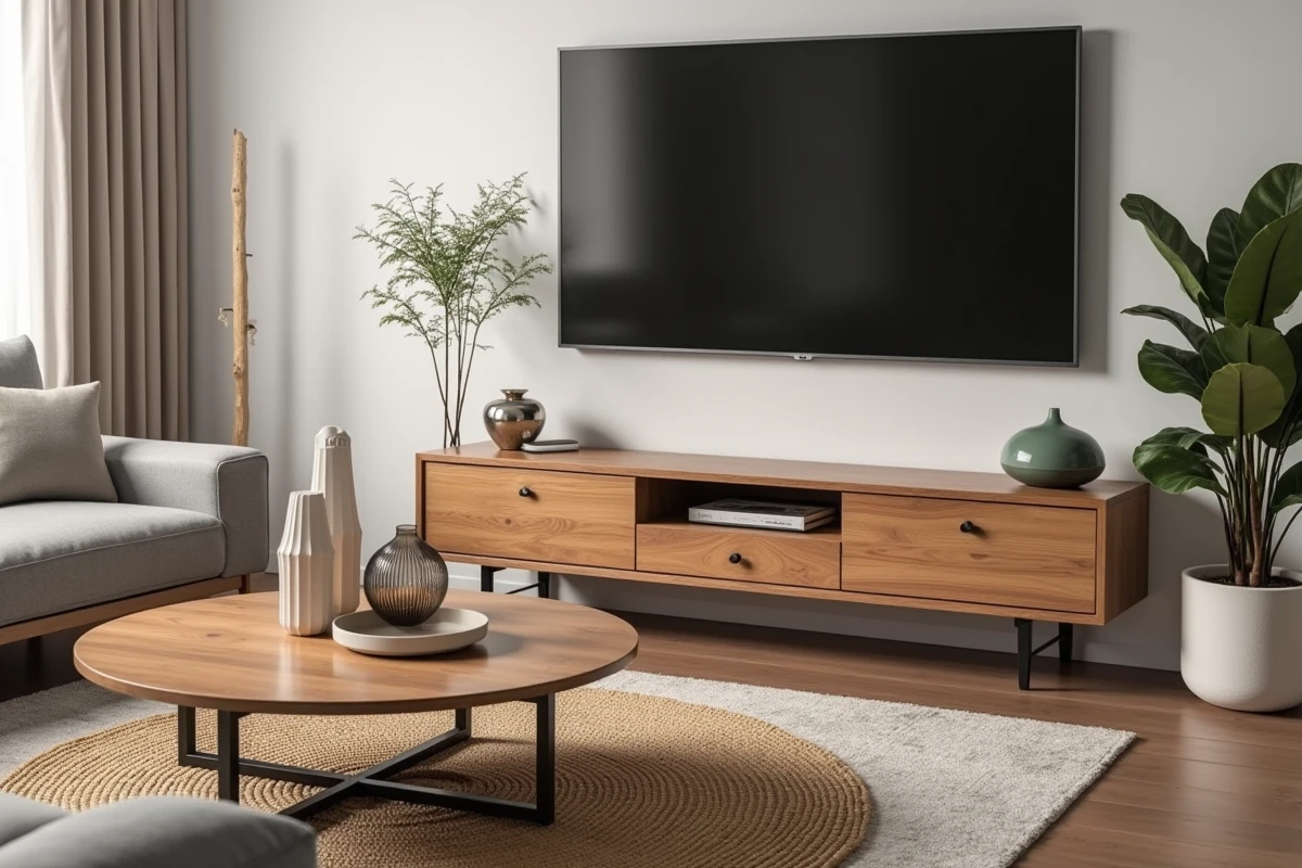 Salon moderne avec table basse et meuble TV assortis en bois et métal, vue d'ensemble harmonieuse
