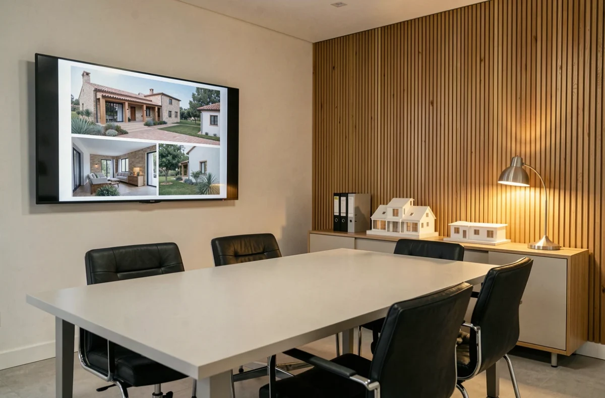 Salle de consultation d'un cabinet d'architecture intérieure avec table en frêne, chaises Bauhaus et rendus de projet affichés au mur