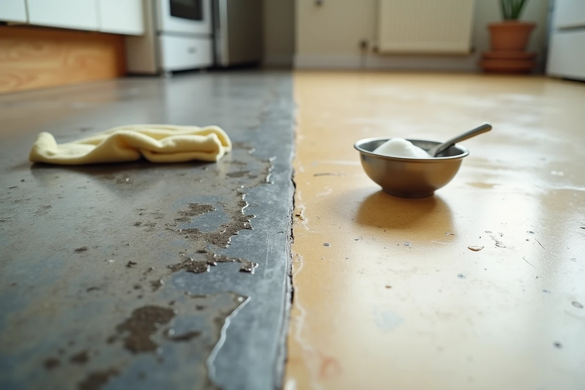 Comparaison avant-après d'un sol en lino noirci et nettoyé avec du vinaigre et du bicarbonate