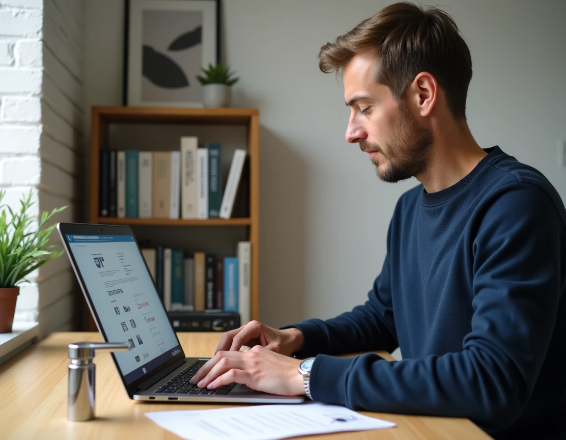 Homme consultant des avis clients Hudson Reed sur un ordinateur portable avec un robinet chromé posé sur un bureau en chêne