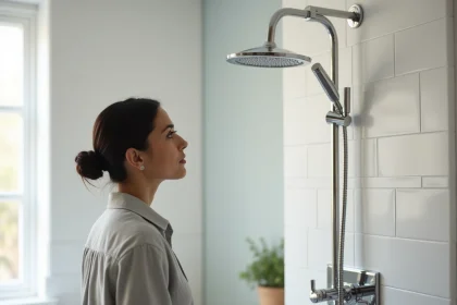 Femme inspectant une douche à effet pluie en chrome Hudson Reed dans une salle de bain moderne aux carreaux blancs