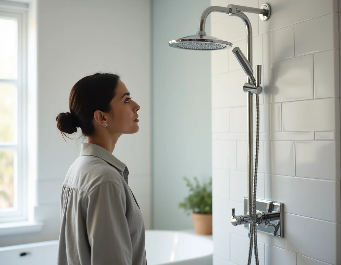 Femme inspectant une douche à effet pluie en chrome Hudson Reed dans une salle de bain moderne aux carreaux blancs