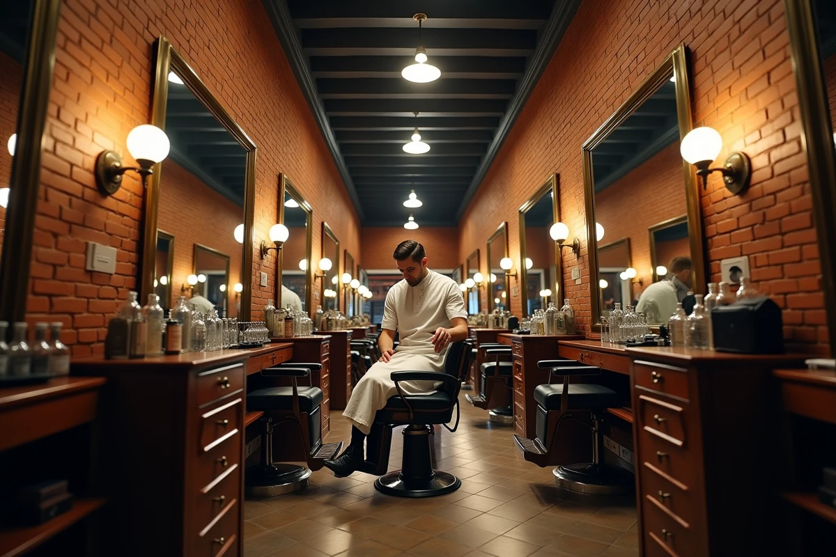 Intérieur de barbershop vintage avec deux miroirs en vis-à-vis créant un tunnel de reflets symétriques infinis