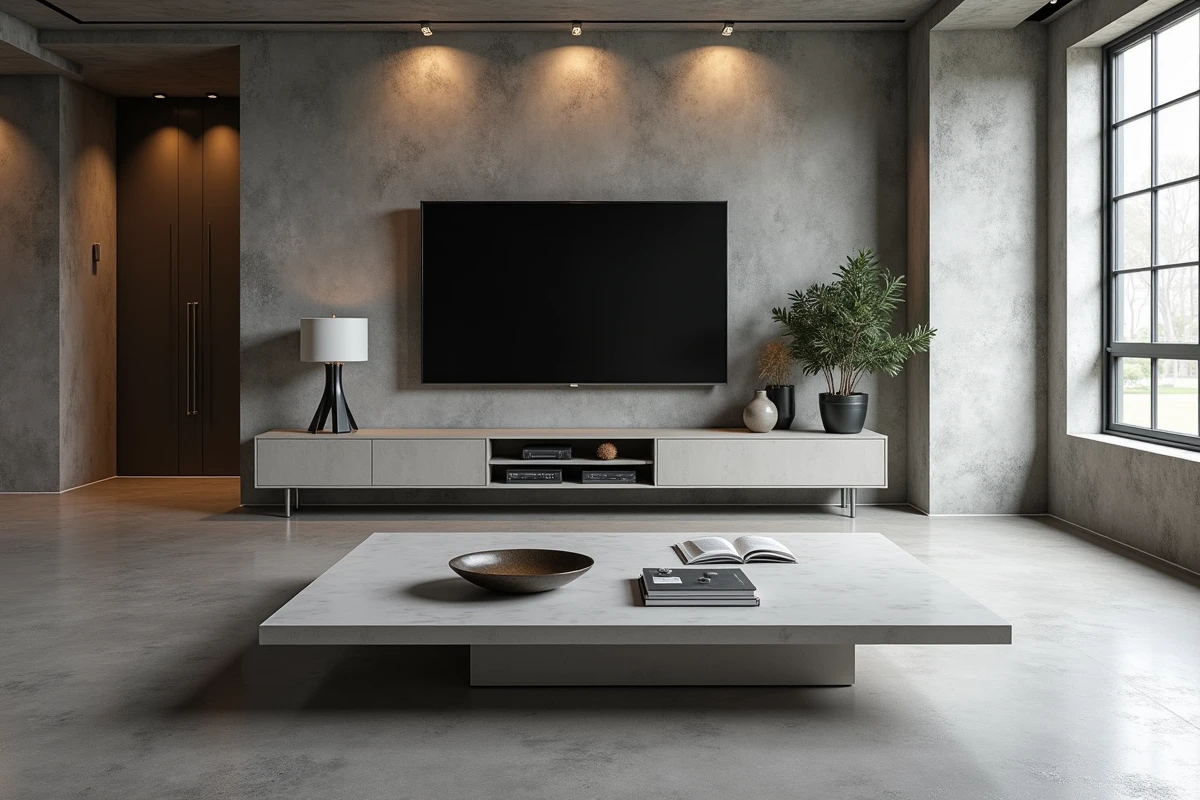 Table basse béton ciré et acier brossé dans un grand salon loft avec meuble TV assorti aux volumes imposants