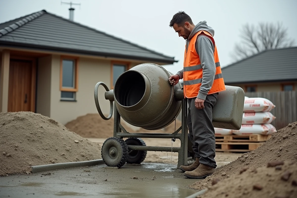 Ouvrier amateur versant de l'eau dans une bétonnière pour préparer une chape maigre sur un chantier extérieur