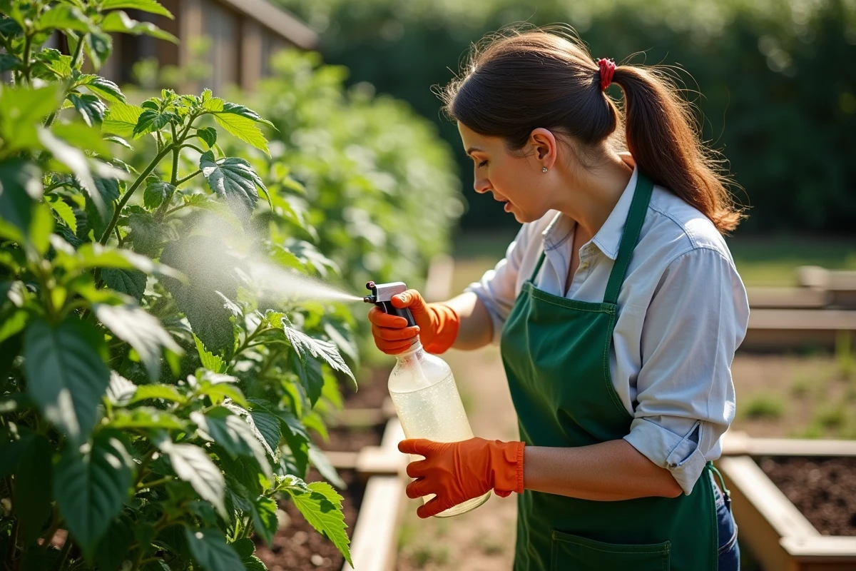 Jardinière pulvérisant une solution de bicarbonate de soude sur des feuilles de tomates dans un potager