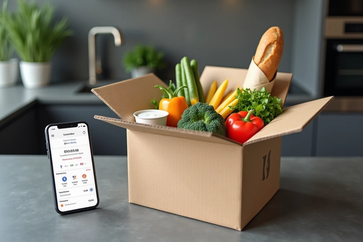Boîte de livraison Carrefour ouverte avec courses alimentaires et smartphone affichant le suivi de commande en ligne