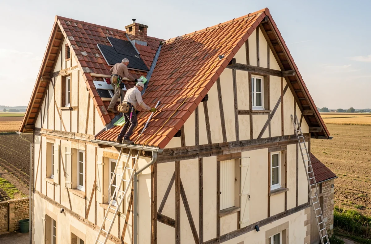 Couvreurs-façadiers travaillant sur la toiture et la façade d'une ferme bressane traditionnelle à Bourg-en-Bresse