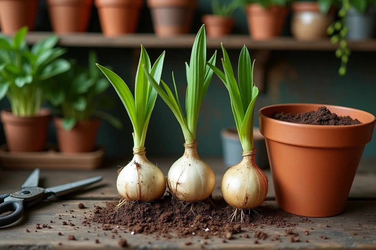 Bulbes de lys avec jeunes pousses posés sur un établi de jardinage avant leur transplantation