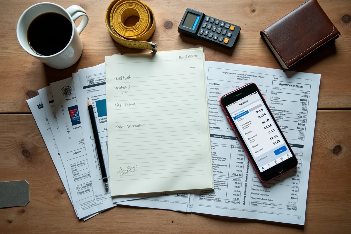 Vue aérienne d'un bureau de chantier avec devis manuscrit, calculatrice et outils de chiffrage de travaux