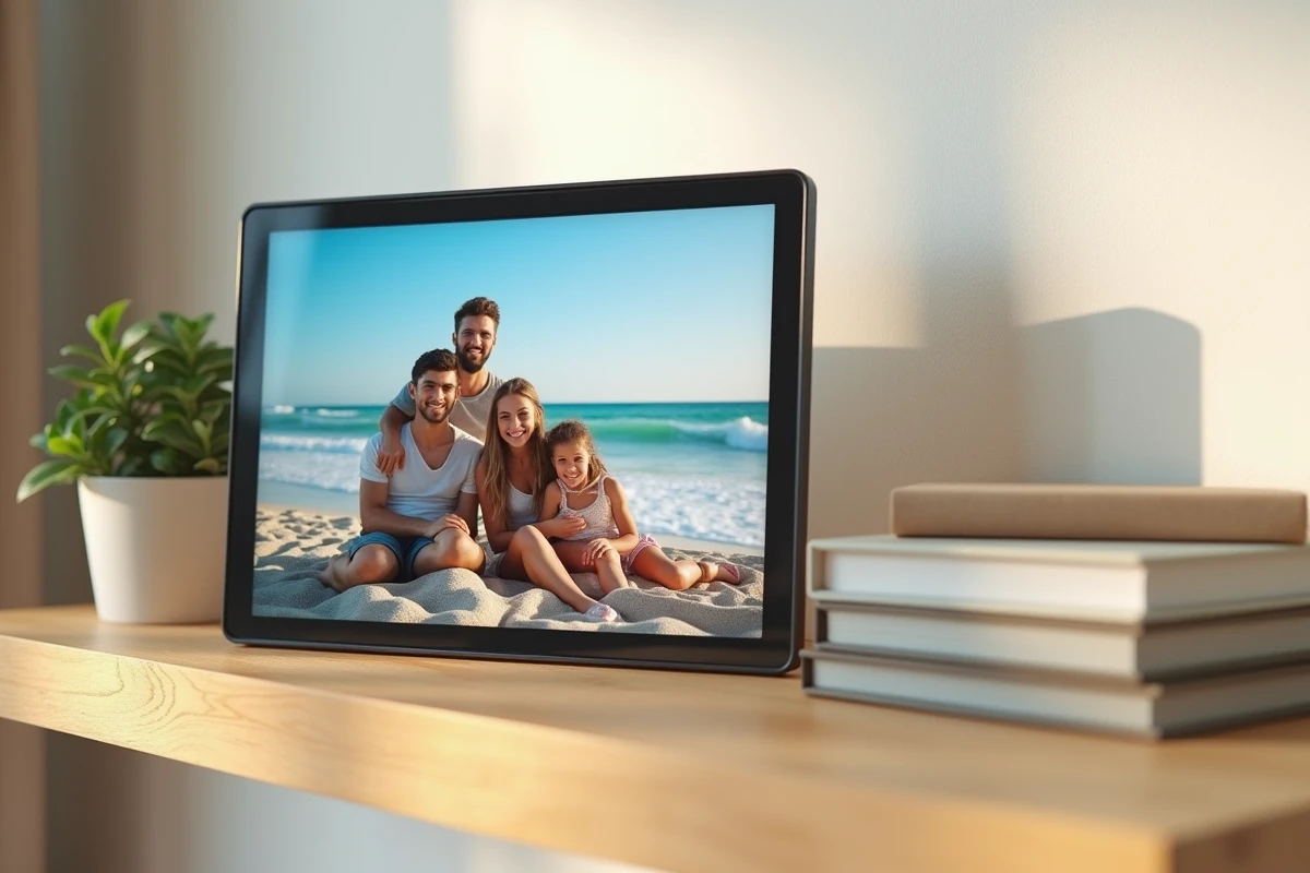 Cadre photo numérique affichant un souvenir de vacances en famille posé sur une étagère en bois dans un salon moderne