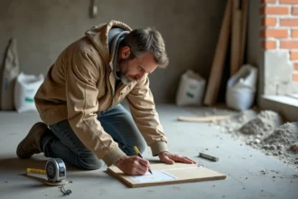 Ouvrier calculant manuellement l'épaisseur d'une chape sur un carnet de notes dans un chantier de construction